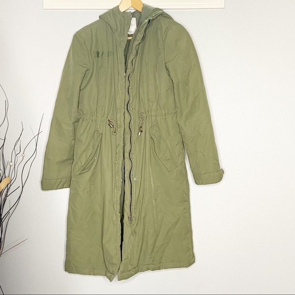 Zara Trafaluc Quilted Long Winter Coat Army Green